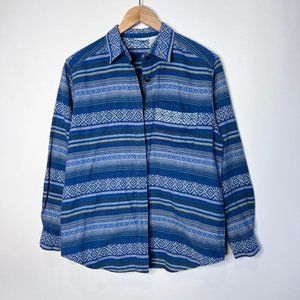 Vintage Striped Button Up Blue Abstract Floral Long Sleeve Women's Size L